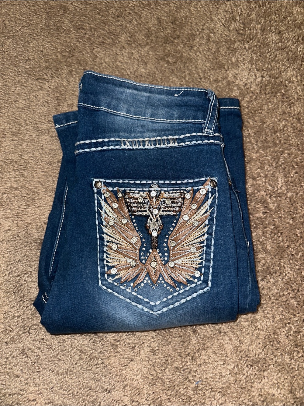 Dark Blue Women's Boot Cut Jeans with Embellished Pocket